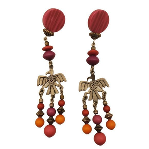 Vintage Colorful Thunderbird and Wood Pierced Earrings Southwest‎ Red Orange